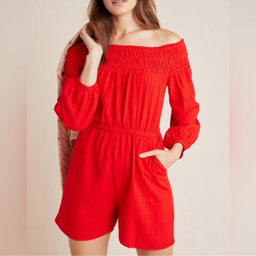 Anthropologie Amadi Velacruz Bright Red Off-Shoulder Romper - Small